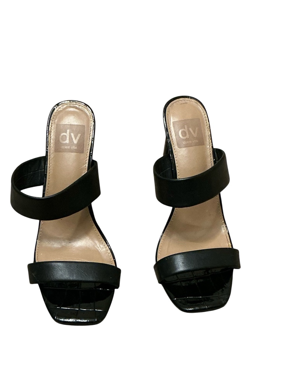 DV by Dolce Vita Black Two-Band Square Toe Mid Heel Sandals - Picture 2 of 6